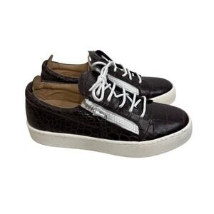 Giuseppe Zanotti Dark Brown Croc Embossed Leather Zip Sneakers Womens 41.5 $880